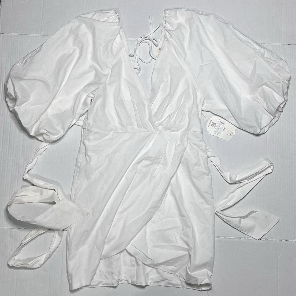 NEW Altar’d State White Puff Sleeve V Neck Open Back Tie Mini Dress Babydoll